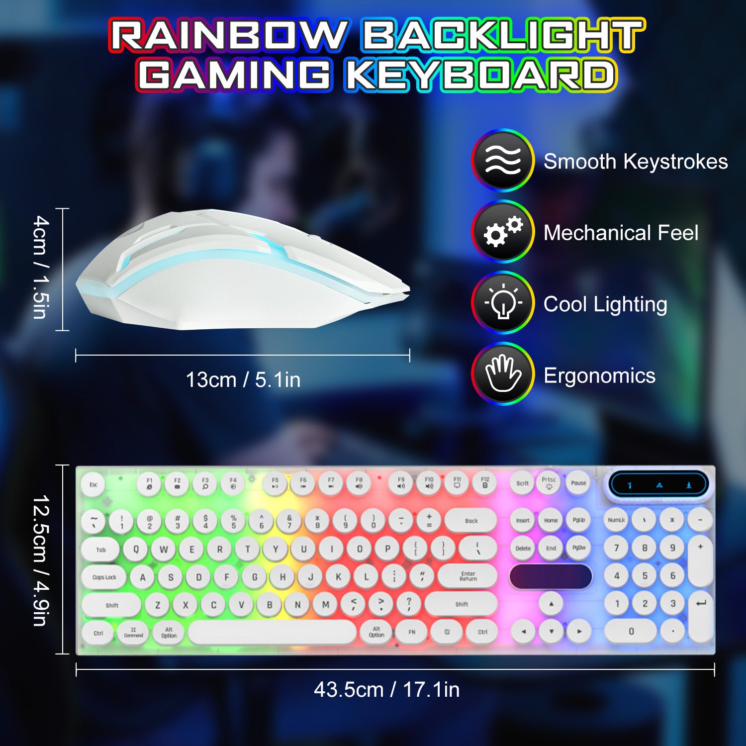 Gaming Keyboard and Mouse, Rainbow Backlit USB Wired Computer Mouse and Keyboard Combo, for Game, Office, White